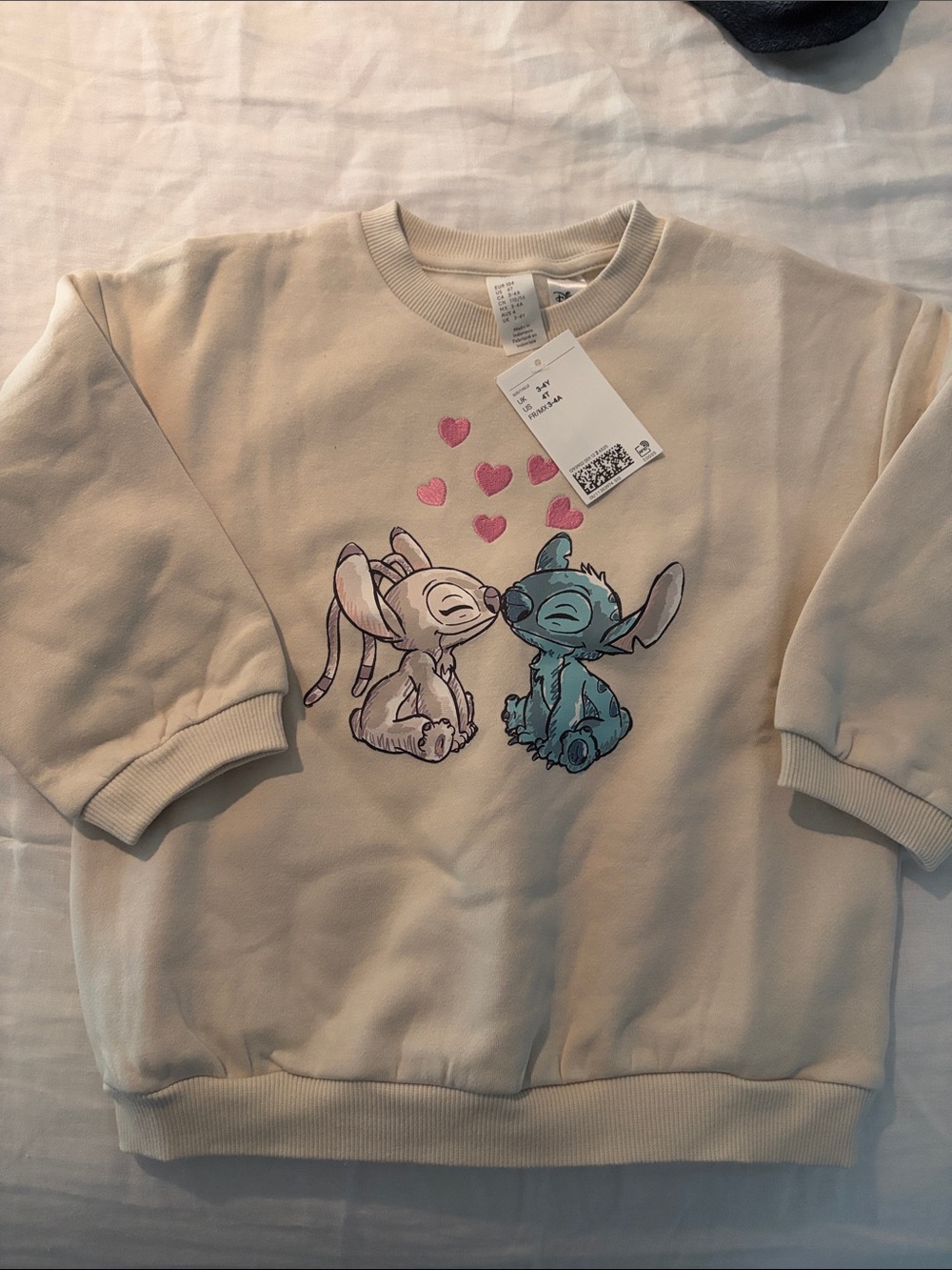 Disney Cream Sweatshirt with Blue Stitch & Pink Angel Hearts